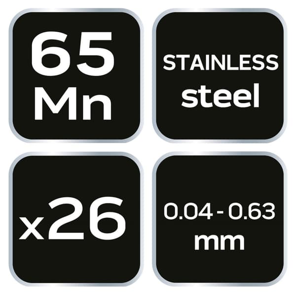 Følemåler 26 klinger (0,04 - 0,63 mm) 65MN/rustfrit stål