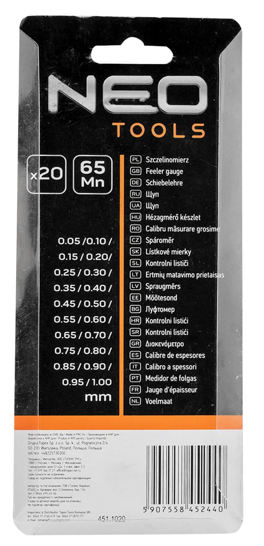 Rahtimitta 20 terää (0,05 - 1,0 mm) 65MN / ruostumaton teräs