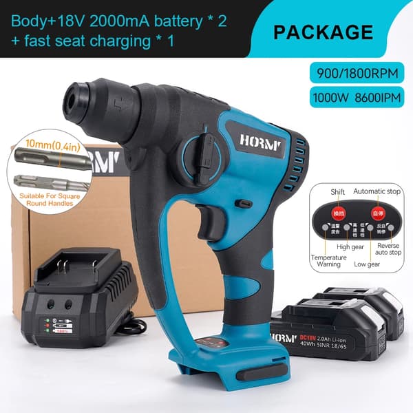 Børsteløs Elektrisk Hammer, 1800 RPM Tomgangshastighed, 18V Batterikraft,EU, 2Batteri 2.0AH