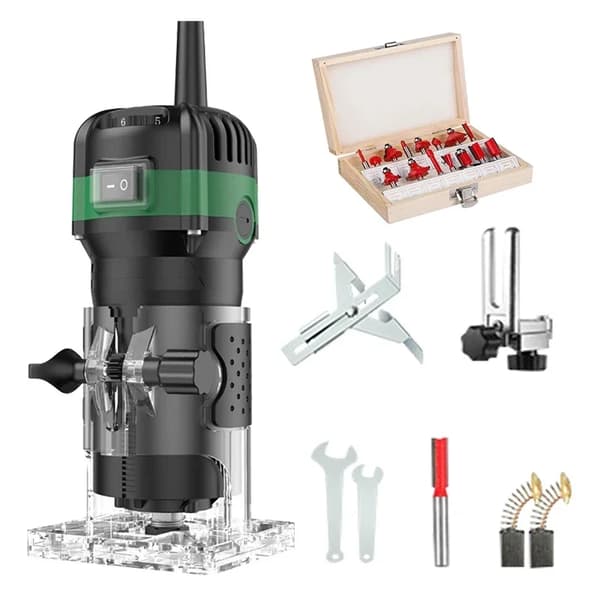 800W Elektrisk Trimmeskærer, 33000RPM Ubelastet Hastighed, Justerbar Dybdekontrol,Standard +15pc fræser sæt