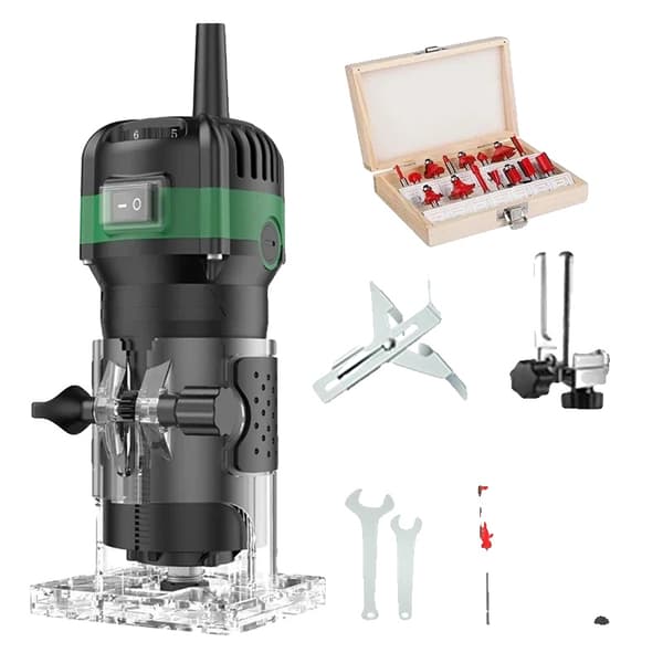 800W Elektrisk Trimmeskærer, 33000RPM Ubelastet Hastighed, Justerbar Dybdekontrol,Standard +15pc fræser sæt