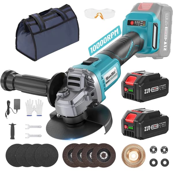 Trådløs Vinkelsliber, 21V Børsteløs Motor, 10000 RPM Hastighed,med 2X4.0Ah