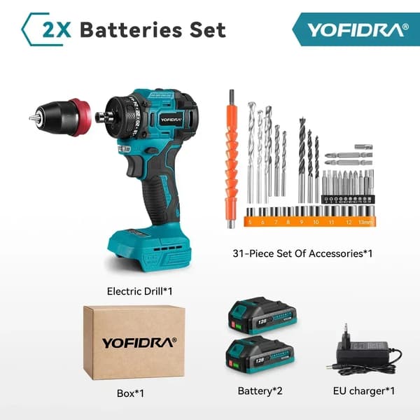 Børsteløs Elektrisk Boremaskine, 24 Gear Justerbart Moment, Integreret LED Lys,2 batteristil a, EU