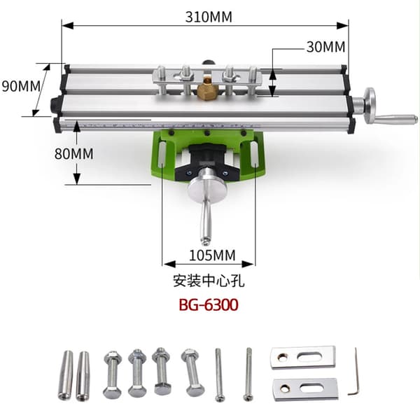 Mini præcisionsfræsemaskine arbejdsbord, dimensioner 330MM x 95MM, justerbare klemmer,BG6300