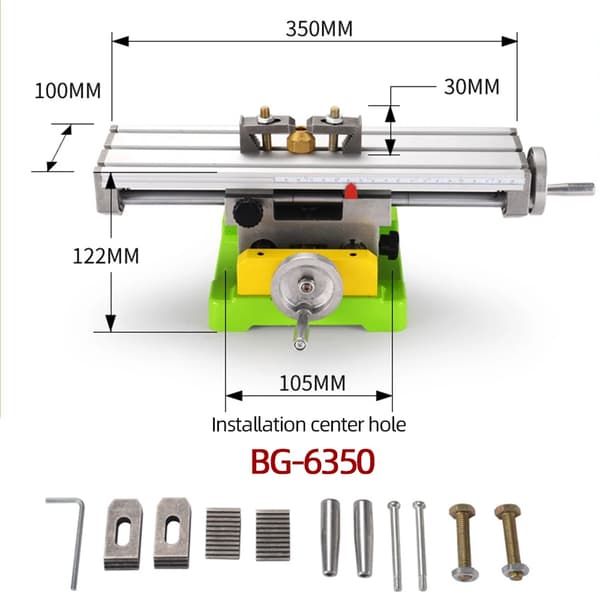 Mini præcisionsfræsemaskine arbejdsbord, dimensioner 330MM x 95MM, justerbare klemmer,BG6350