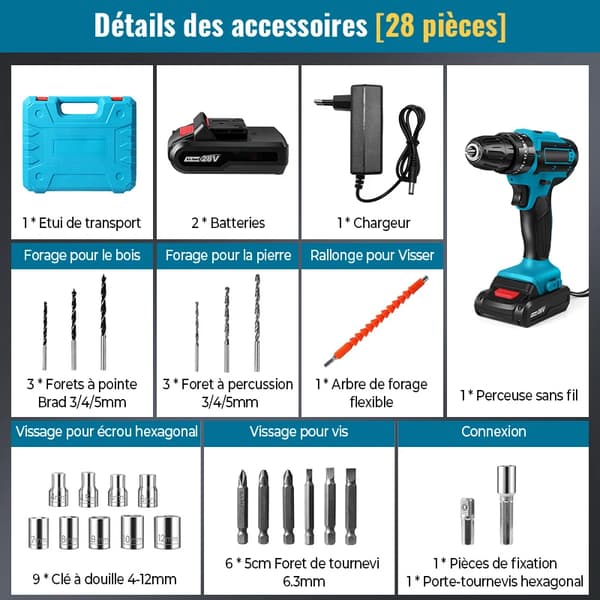 21V Sladdlös Borrmaskin, Hög Hastighet 1600rpm, Inkluderar 2 Batterier,2 Batteri, EU
