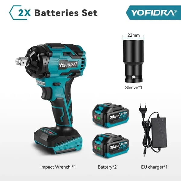 Børsteløs Elektrisk Slagnøgle, 1000N.m Moment, 3 Gear,2 Batterisæt A, EU