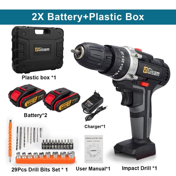 21V Sladdlös Slagskruvdragare, 2 Batterier Ingår, 29 Delar Borrbits Set,Plastlåda med 2 batterier