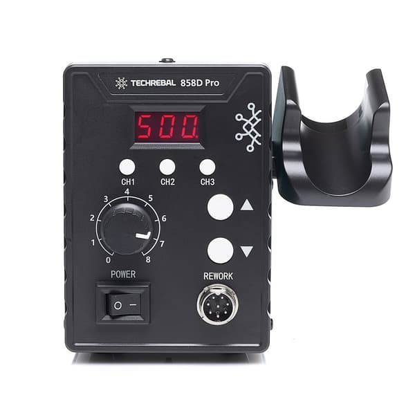 TECHREBAL 858D Pro Varmluft Loddestation + Sæt med 6 lodninger + Dyser + Mesh + Hæftemaskine