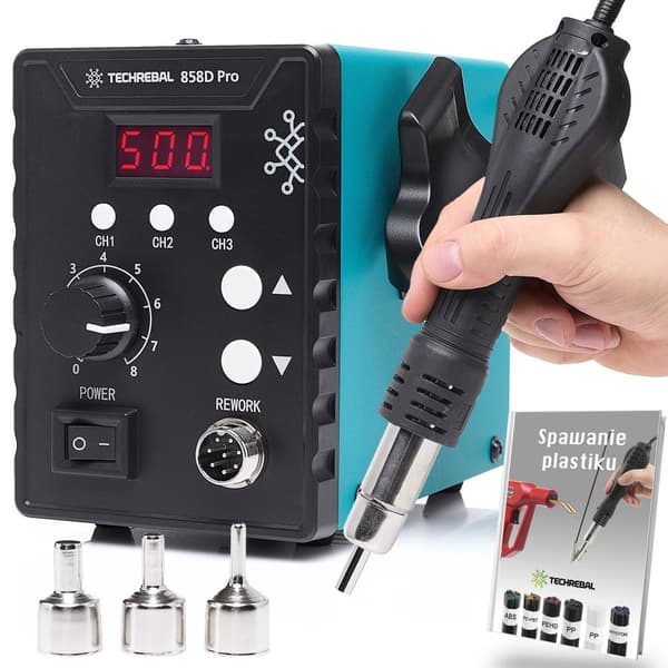TECHREBAL 858D Pro Varmluft Loddestation + Sæt med 6 lodninger + Dyser + Mesh + Hæftemaskine