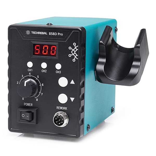TECHREBAL 858D Pro Varmluft Loddestation + Sæt med 6 lodninger + Dyser + Mesh + Hæftemaskine