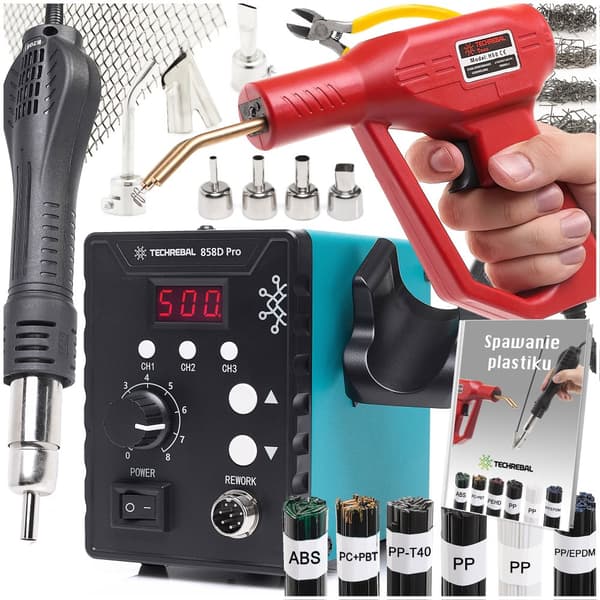 TECHREBAL 858D Pro Varmluft Loddestation + Sæt med 6 lodninger + Dyser + Mesh + Hæftemaskine