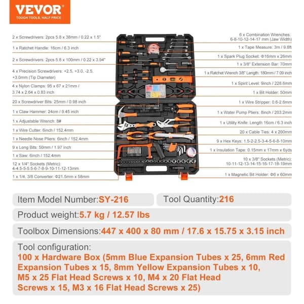 VEVOR Työkalusarja, 216 Osaa, Premium Teräsrakenteinen,216