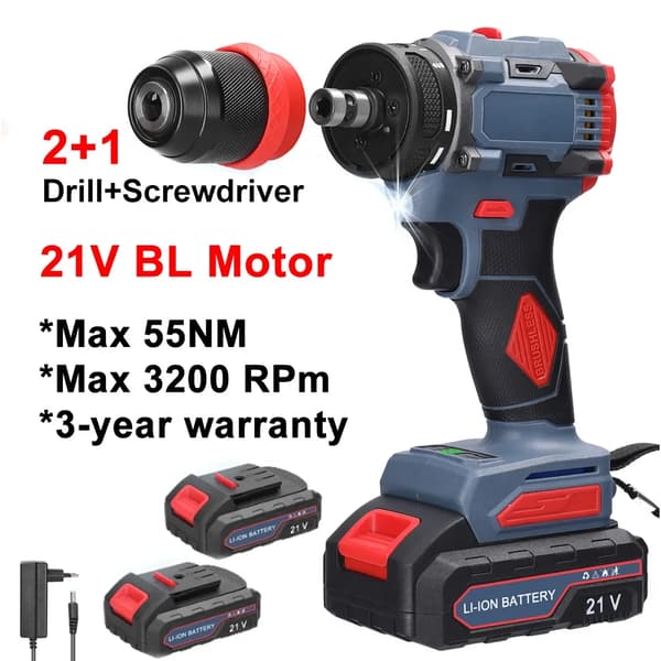 21V Trådløs Skruetrækker, 55Nm Moment, Børsteløs Motor,EU, Sæt 2 2 stk batteri