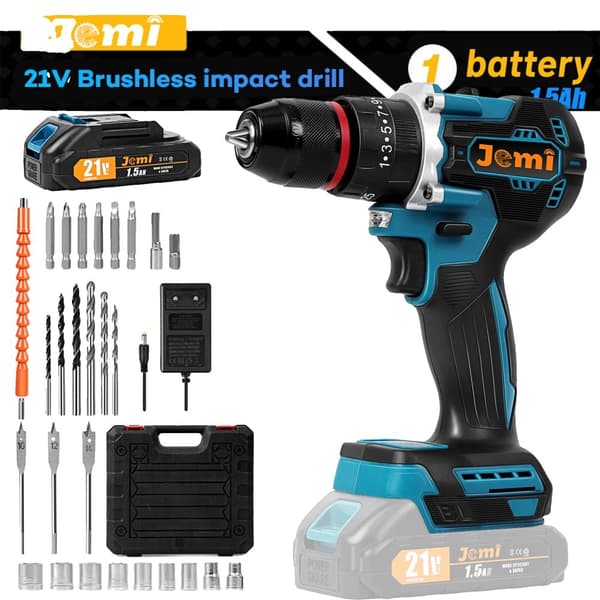 21V Borstlös Sladdlös Borrmaskin, 25+3 Momentinställningar, 2 Variabla Hastigheter,1x batteri verktygslåda