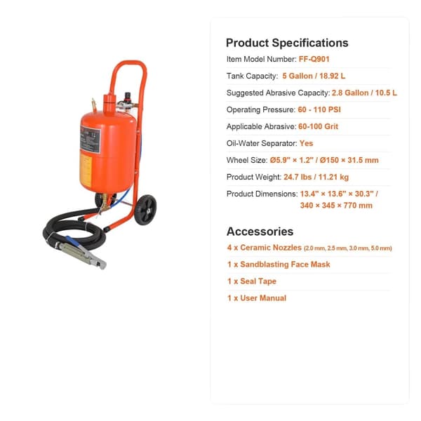 Sandblæser, 5 gallons kapacitet, 60-110 PSI drift,5 Gallon in Danish is "5 gallon".