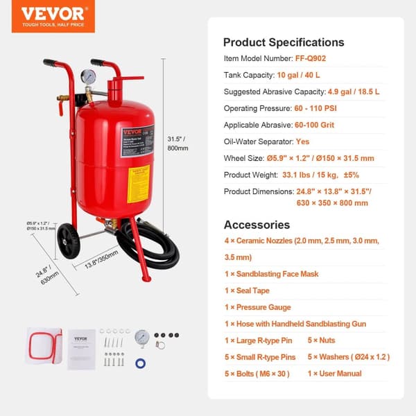 Sandblæser, 5 gallons kapacitet, 60-110 PSI drift,10 Gallon Rød