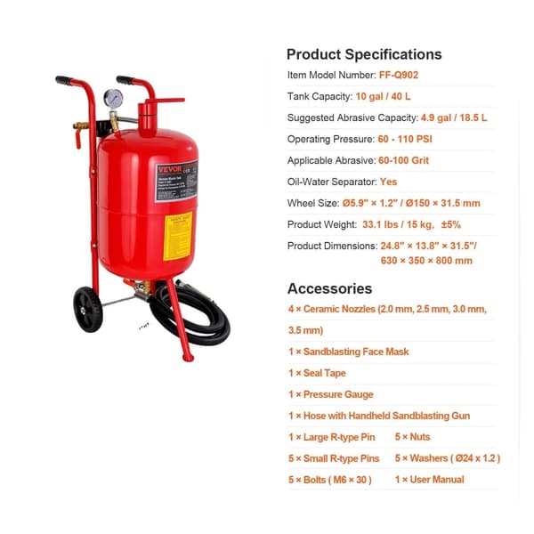 Sandblæser, 5 gallons kapacitet, 60-110 PSI drift,10 Gallon Rød