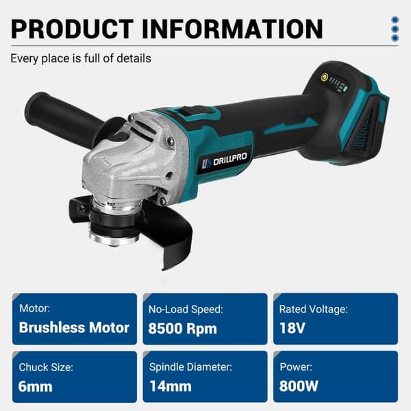 Langaton kulmahiomakone-setti, korkea tyhjönopeus 8500 rpm, harjaton moottori, ladattava akku