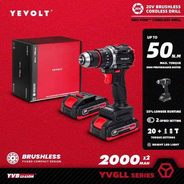 20V Borstlös Elektrisk Borrmaskin, Höga Momentinställningar, LED Arbetslampa,YVGBD20DU3P2x2
