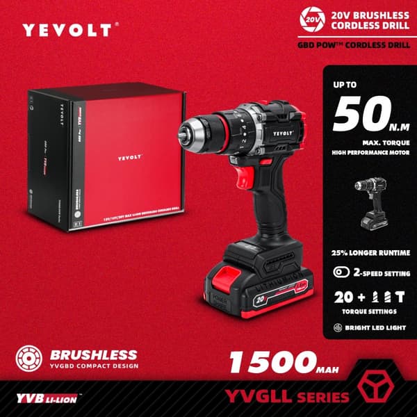 20V Børsteløs Elektrisk Boremaskine, Høj Momentindstillinger, LED Arbejdslys,YVGBD20DU3P1x1
