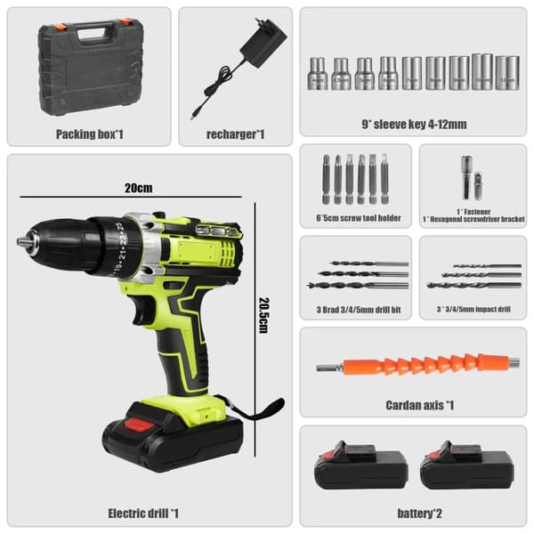 Impact Cordless Drill, 28V Strøm, 1350rpm Hastighed,to batterier +24 sæt