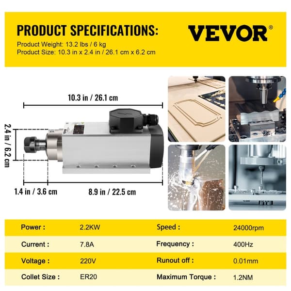 VEVOR Luftkølet Spindelmotor, 2,2 kW Effekt, 24000 omdr./min Hastighed,2.2KW ER20 firkantet