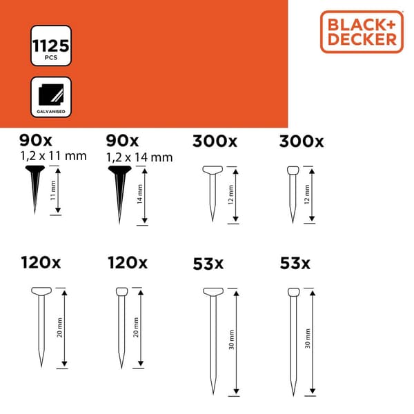 Black+Decker galvaniserade spikar och krokar - 1125 delar