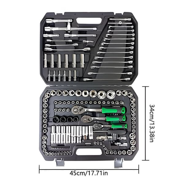 150 DELAR Socket Set, Hållbart kromvanadiumstål, 72-tands spärrmekanism, Komplett metrisk och SAE-kit