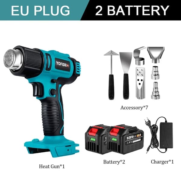 Elektrisk varmluftspistol, 2500W effekt, LED-display, genopladelig,2 Batteri EU Stik