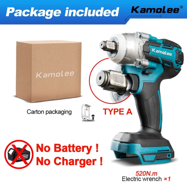 Kamolee Elektrisk Slagnyckel, 520N.m Moment, Uppladdningsbart Litium-Ion Batteri,Typ A Ingen Batteri