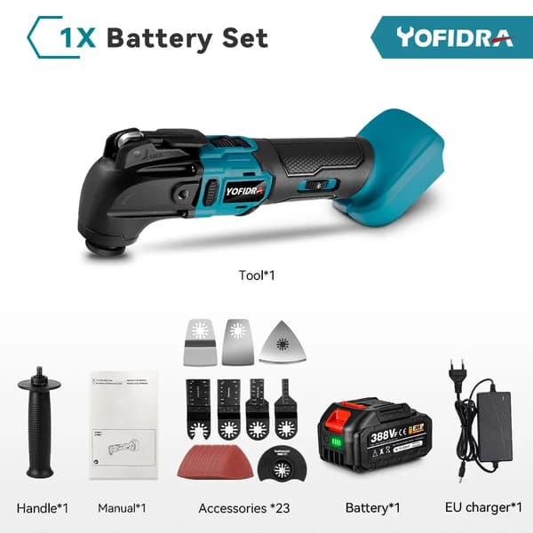 Børsteløs Oscillerende Multiværktøj, 18V Batteri, Træbearbejdningsværktøj,1 Batteri EU Stik