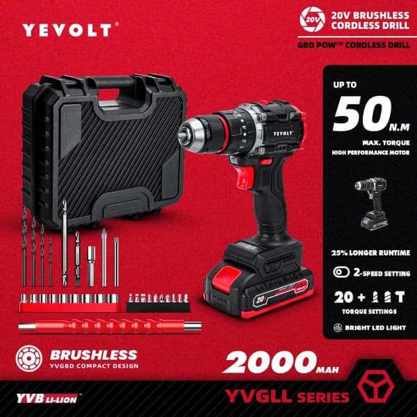 20V Harjaton Sähkoporakone, Korkeat Vääntömomenttiasetukset, LED-työvalo,YVGBD20DU3B2P2x1