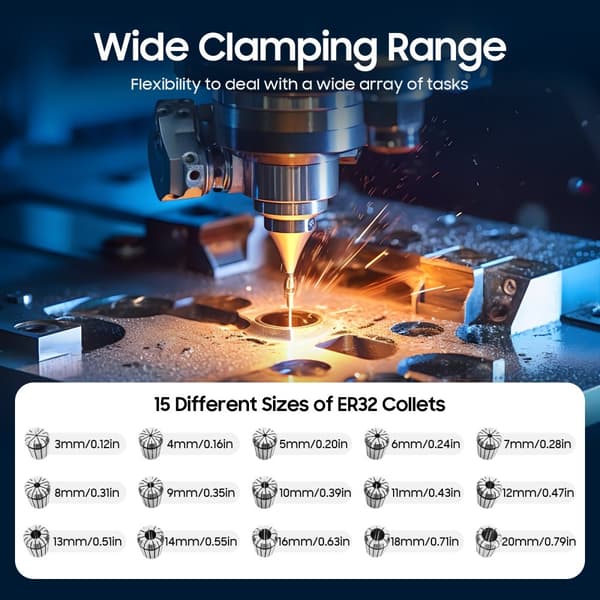 CNC Collet Chuck Sæt, 15 Højpræcisions ER32 Colletter, Bred Klemrange, Ergonomisk Design