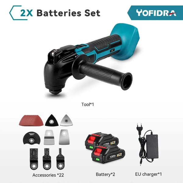 YOFIDRA Trådløs Multifunktionsværktøj, 600W Effekt, 22-Delt Tilbehørssæt,2 Batteri Sæt