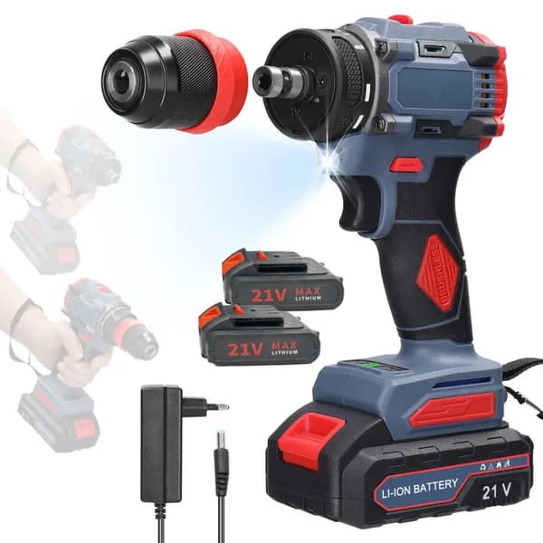 21V Sladdlös Elektrisk Skruvdragare, 55Nm Vridmoment, Borstlös Motor,2 Batterier