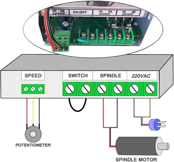 Ilmajäähdytteinen spindelimoottori, 500W teho, 2000-12000 RPM nopeus, ER11 kolvi