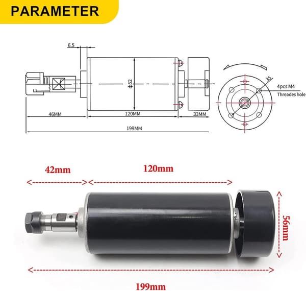Ilmajäähdytteinen spindelimoottori, 500W teho, 2000-12000 RPM nopeus, ER11 kolvi
