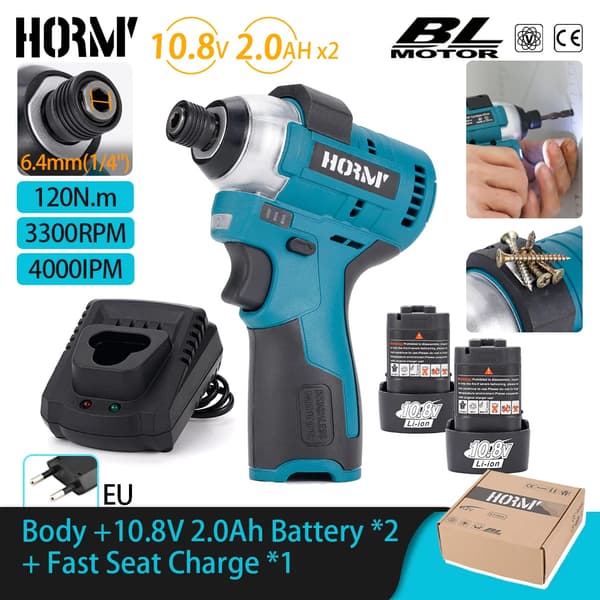 Harjaton sähköruuvinväännin, 120N.m vääntö, 3300 RPM nopeus,EU, 2Akku 2.0A