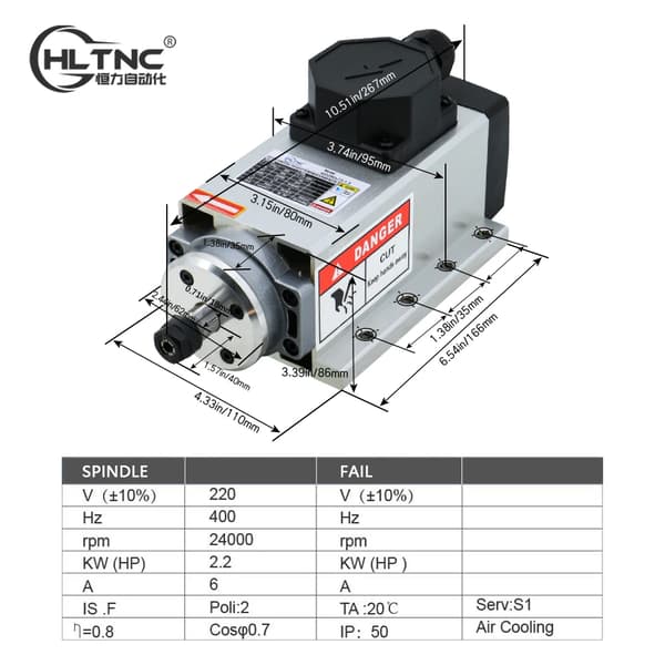 2,2 kW CNC-spindel, luftkøling, 24000 RPM,Terminalboks, 2,2 kW 220 V