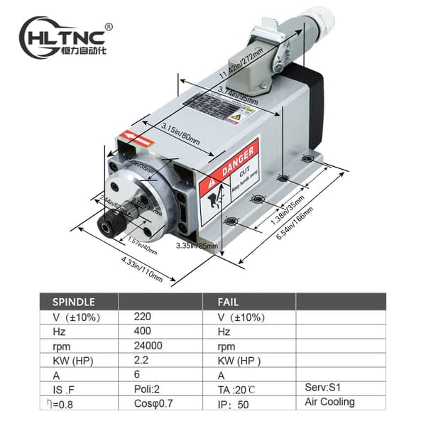 2.2 kW CNC-akseli, ilmajäähdytys, 24000 RPM,2,2 kW 220 V, Ilmailuliitin