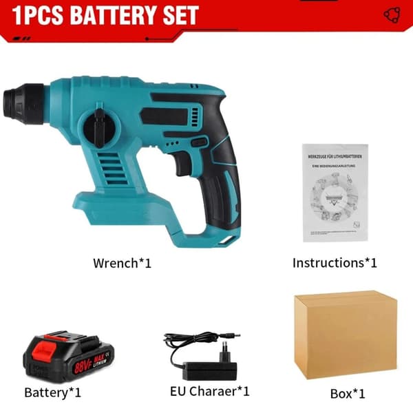 Elektrisk Hammer, Dobbelt Arbejdsmodus, Slagbor, Kompakt Design,EU, 1PCS Batteri