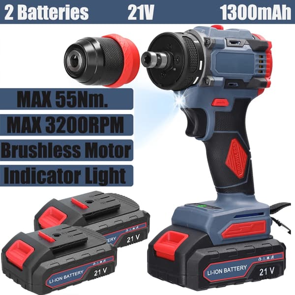 Borstlös elektrisk skruvdragare, 45/55Nm vridmoment, 2900/3200 RPM,2 batterier 21v, Eu