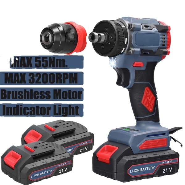 Borstlös elektrisk skruvdragare, 45/55Nm vridmoment, 2900/3200 RPM,2 batterier 21v, Eu