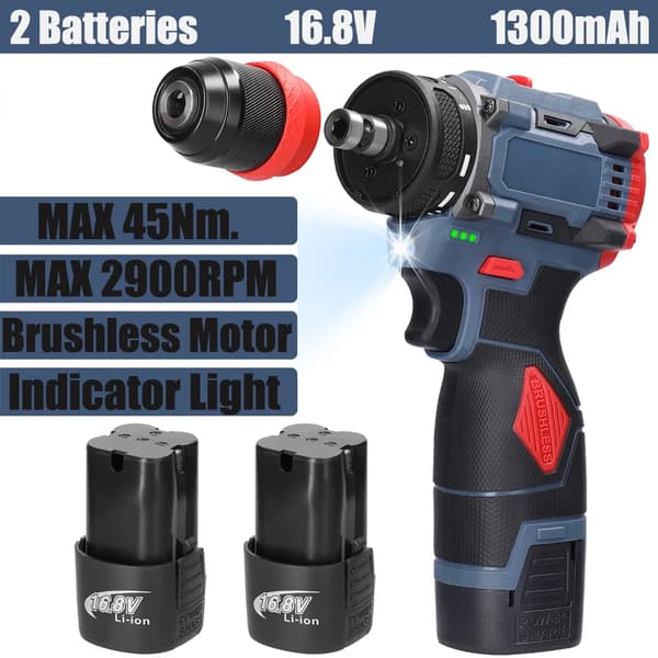 Harjaton sähköruuvinväännin, 45/55Nm vääntö, 2900/3200 RPM,2 paristoa 16,8 V, EU