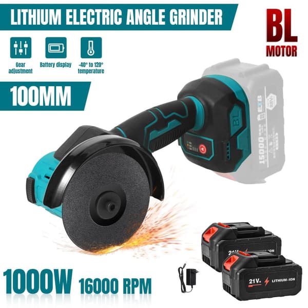100MM Elektrisk Vinkelsliber, Nominel Effekt 1000W, 3 Hastighedsindstillinger,Med 2XBatteri