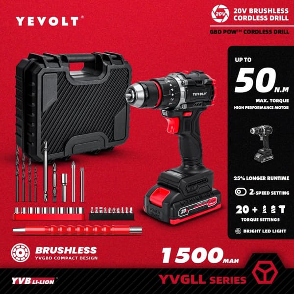 20V Borstlös Elektrisk Borrmaskin, Höga Momentinställningar, LED Arbetslampa,YVGBD20DU3B2P1x1