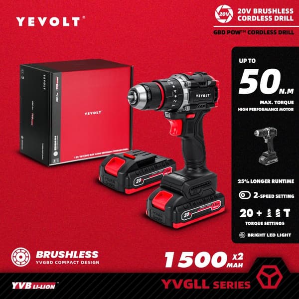 20V Borstlös Elektrisk Borrmaskin, Höga Momentinställningar, LED Arbetslampa,YVGBD20DU3P1x2
