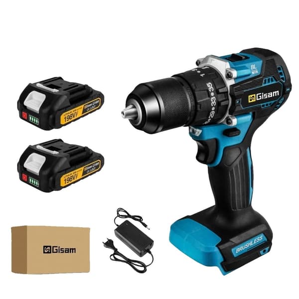 Gisam Elektrisk Borrmaskin, Borstlös Motor, 35+3 Momentinställningar,2 batteriset