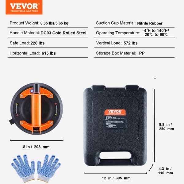 Vacuum Sugekop, Metalhåndtag, 220 lbs Sikker Belastning,Metalhåndtag, 1 stk